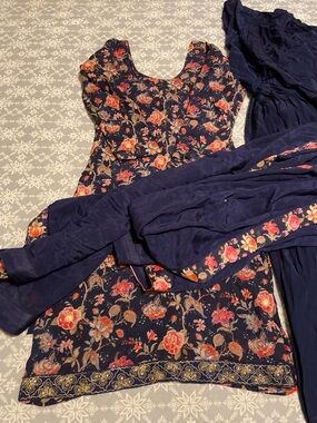 Navy Floral Printed Embroidered 3 Piece Salwar Suit Set